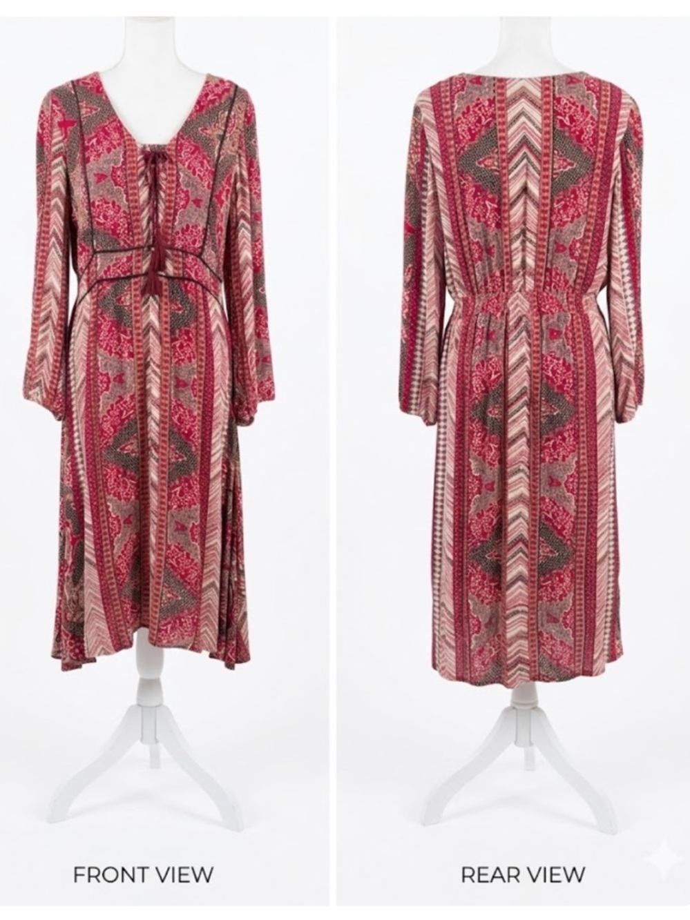Reba Red & Brown Boho Tie-Front Long-Sleeve Midi Dress